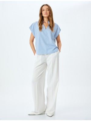 Koton Bol Kalıp Fırfırlı Dik Yaka Çıkma Kısa Kol Çizgili Bluz