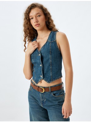 Koton V Yaka Taşlı Düğmeli Kolsuz Slim Fit Kot Yelek