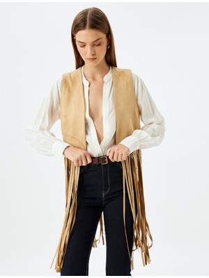 Koton Uzun Püsküllü Suni Süet Yelek