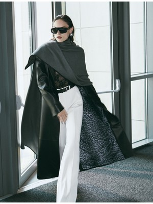 Koton Ekstra Uzun Suni Deri Trençkot Kruvaze Düğmeli Cepli