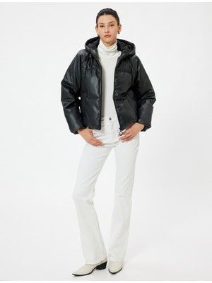 Koton Suni Deri Kapşonlu Şişme Mont Cepli Fermuarlı