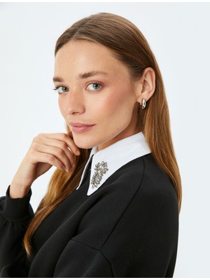 Koton Üç Iplik Uzun Kollu Renk Kontrastlı Taşlı Gömlek Yaka Sweatshirt