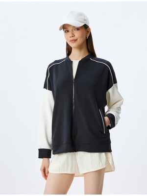 Koton Fermuarlı Biyeli Renk Bloklu Cep Detaylı Kalın Modal Kumaş Spor Ceket