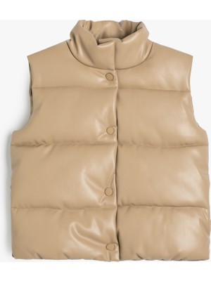 Koton Şişme Yelek Deri Görünümlü Çıtçıt Kapamalı Dik Yaka Su Geçirmez