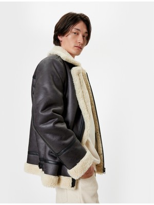 Koton Siyah Suni Deri Ceket Peluş Detaylı Erkek Slim Fit Kış Sezonu İçin