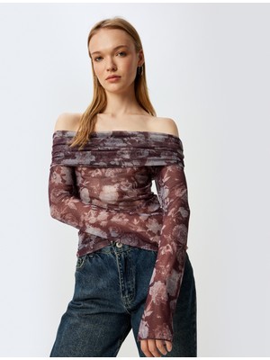 Koton Transparan Bluz Madonna Yaka Uzun Kollu Çiçek Desenli