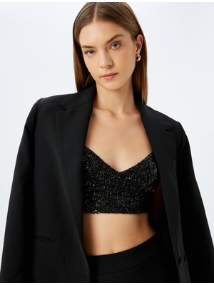 Koton Crop Abiye Bluz Pullu Payetli Ip Askılı V Yaka Slim Fit