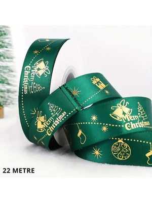 Roco Paper Co. Yılbaşı Desenli Saten Kurdele, Yeniyıl Parti Hediye Paketleme Şeridi, Yeşil, 2.5 cm - 22 Metre