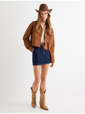 Koton Suni Süet Ceket Crop Kapaklı Cep Detaylı Düğmeli Rahat Kalıp