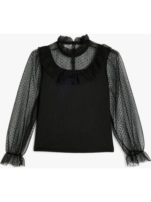 Koton Bluz Balon Kollu Tül Detaylı Dik Yaka