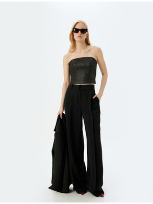 Koton Straplez Crop Parıltılı Dokulu Kolsuz Fermuarlı Bluz