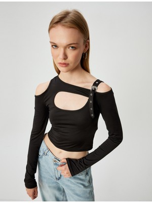 Koton Uzun Kollu Tişört Crop Pencere Detaylı Kemerli