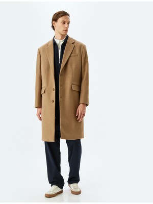 Koton Uzun Kaşe Kaban Bol Kalıp Kruvaze Yaka Kapaklı Cep Detaylı Düğmeli Viskon Karışımlı