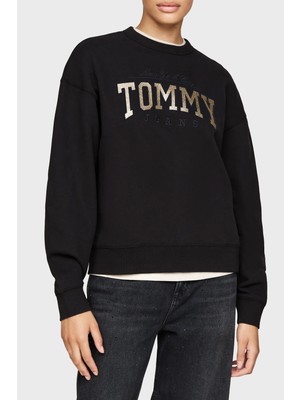 Tommy Jeans Pamuk Karışımlı Relaxed Fit Bisiklet Yaka Logolu Sweat Bayan Sweat DW0DW19845 Bds