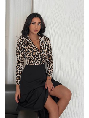 Neşeli Butik Kadın Düğme Detaylı Leopar Desenli Midi Elbise NBK3014