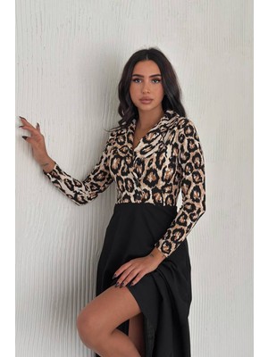 Neşeli Butik Kadın Düğme Detaylı Leopar Desenli Midi Elbise NBK3014