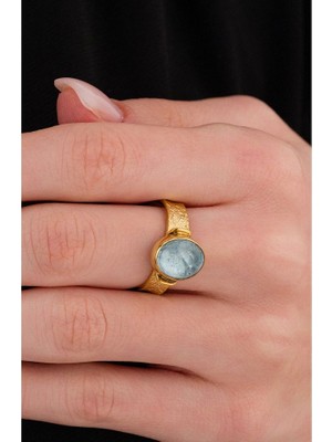 Ricco Jewellery 14 K Gold Kaplama 925 Ayar Gümüş Naturel Aquamarine Yüzük