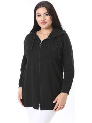 Kadın Büyük Beden Siyah Taş Detaylı Ön Fermuarlı Yanları Çıtçıt Düğmeli Astarsız Mont 65N38386