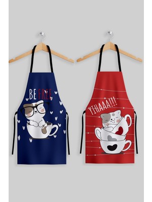 Mediterian Şık kırmızı ve lacivert mutfak önlüğü seti, 2'li, 60x70 cm, polyester