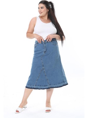 Kadın Büyük Beden Mavi Kup Detaylı Etek Ucu Pis Dikişli Likralı Kot Etek 65N38292