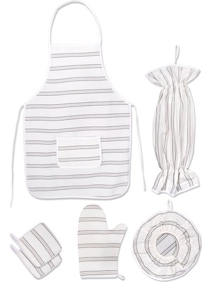 Mediterian Krem gri çizgili 6 Parça Mutfak Seti, önlük, eldiven, tutacak, organizer ve demlematik