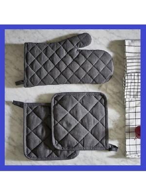 Mediterian Gri Mutfak Fırın Eldiveni ve Tutacak Takımı, Güvenli ve Şık Aksesuar 24x33