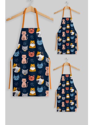 Mediterian Renkli kedi desenli çocuk ve anne mutfak önlüğü seti, lacivert, 3'lü, polyester, 45x57