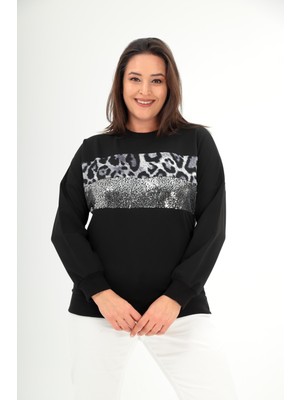 Şans Kadın Büyük Beden Siyah Leopar ve Pul Detaylı Bluz 65N38420