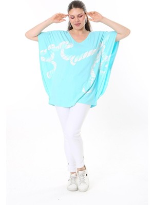 Şans Kadın Büyük Beden Haki Renk Kombinli Uzun Kollu Tunik