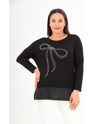 Şans Kadın Büyük Beden Siyah Taş Baskı   Etek Ucu Deri Detaylı Yarasa Kol Bluz 65N38434