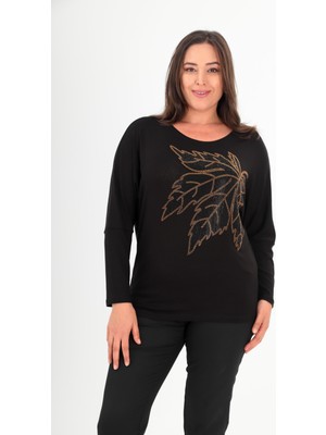 Şans Kadın Büyük Beden Siyah Taş Baskı Detaylı Yarasa Kol Bluz 65N38433