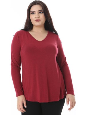 Şans Kadın Büyük Beden Bordo V Yakalı Uzun Kollu Likralı Bluz 65N38652