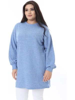 Şans Kadın Büyük Beden Mavi Kendinden Çizgili Uzun Tunik 65N38532