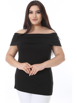 Şans Kadın Büyük Beden Siyah Madonna Yakalı Likralı Bluz 65N38544