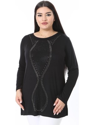 Şans Kadın Büyük Beden Siyah Taş Detaylı Bisiklet Yakalı Uzun Kollu Bluz 65N38365