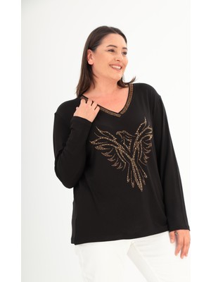 Şans Kadın Büyük Beden Siyah Yaka ve Ön Taş Baskı Detaylı Bluz 65N38430