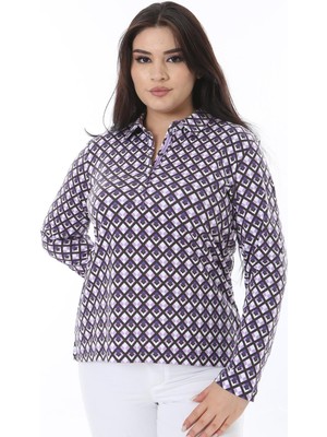 Şans Kadın Büyük Beden Mor Ön Patı Düğmeli Gömlek Yakalı Likralı Bluz 65N38641