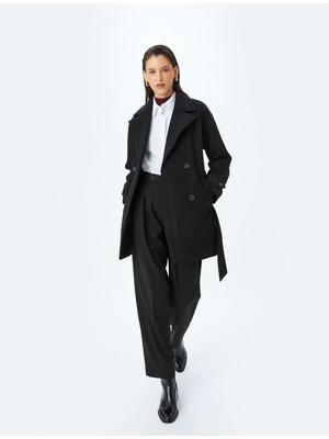 Koton Düğmeli Cepli Kemerli Kruvaze Uzun Kaşe Kaban