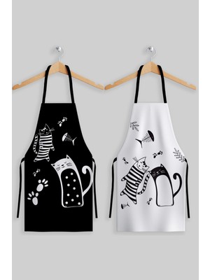 Mediterian Şık Siyah Beyaz Kedi Desenli Yetişkin Mutfak Önlüğü Çift Seti