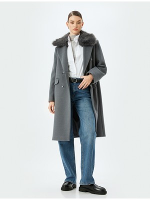 Koton Çıkarılabilir Suni Kürk Yaka Detaylı Uzun Kaşe Kaban