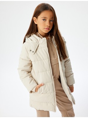 Koton Ekru Uzun Şişme Mont Kapşonlu Kız Çocuk Günlük Model Fermuarlı Cepli