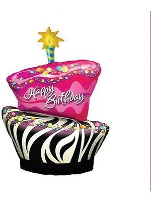Partici Zebra Desenli Happy Birthday Cake Folyo Balon 100CM
