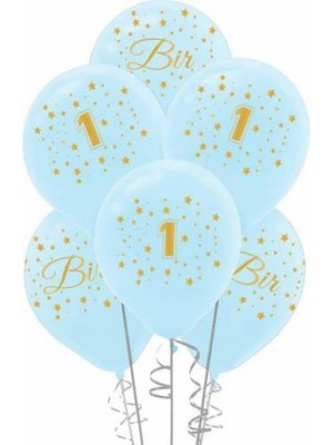 Altın Bir Yaş Baskılı Mavi Balon 5'li Paket