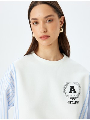 Koton Iki Farklı Kumaş Kullanımlı Uzun Kollu Bisiklet Yaka Çizgili Sweatshirt