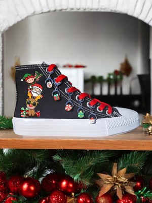 Lias Shoes Yılbaşı Noel Baskılı Siyah Keten Tasarım Çocuk Spor Ayakkabı Sneaker