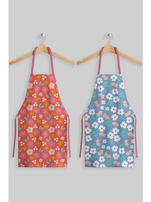 Mediterian Çiçekli 2'li Mutfak Önlüğü Seti, Mavi ve Pembe, Polyester, 55x70 cm