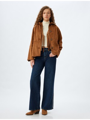 Koton Geniş Paça Düğmeli Taşlı Cep Detaylı Kot Pantolon - Wide Leg Jeans