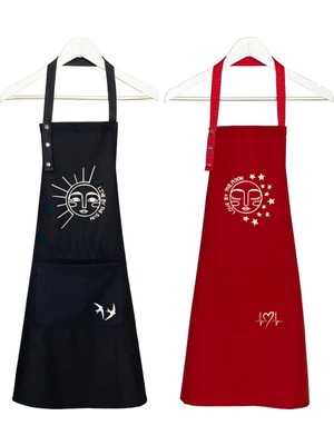 Mediterian Çiftli Mutfak Önlüğü Seti, Siyah-Kırmızı, Leke Tutmaz, Su İtici, Pamuk Polyester, Hediye