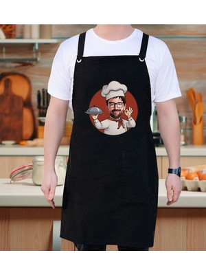 Mediterian Kişiye özel karikatür şef tasarımlı siyah mutfak önlüğü 77x150 cm