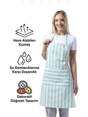 Mediterian Su Geçirmez Çizgili Mutfak Önlüğü, 2 Cepli, Turkuaz Beyaz, 70x80, Pamuk Polyester